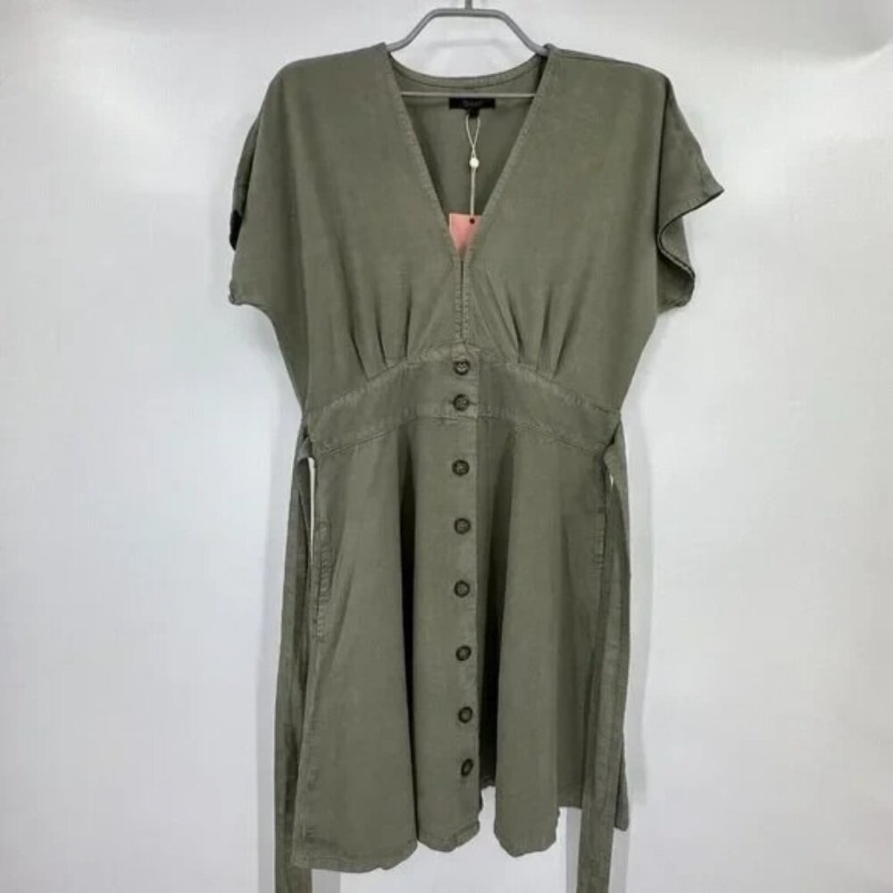 Quince Vintage Wash Tencel Button Front Dress with Tie Waist size S Olive Green - Picture 2 of 8
